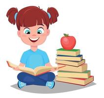 Cute girl reading book and sitting near a stack of books vector