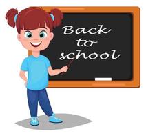 Back to school. Cute girl standing near blackboard vector