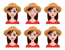 expresiones faciales de mujer campesina con sombrero vector