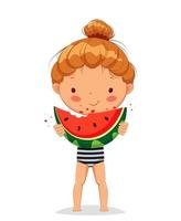 Hello summer. Cute little girl eating watermelon vector