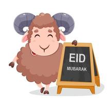 tarjeta de felicitación de eid al adha mubarak. ovejas de dibujos animados vector