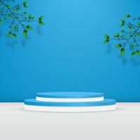 Textured product podium backdrop with leaves on blue wall vector