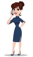 Young cartoon businesswoman. Beautiful lady holding smartphone vector