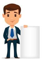 Young handsome businessman in suit standing near blank placard. vector