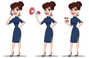 Young cartoon businesswoman set. Beautiful lady vector