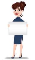 Young cartoon businesswoman. Beautiful lady holding blank placard vector