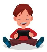 niño alegre jugando videojuegos. niño de dibujos animados lindo vector