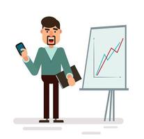 Businessman character standing with strategy presentation vector