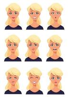 Face expressions of a blonde woman. Different female emotions set vector