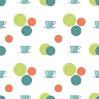 Seamless pattern with cup, saucer and plate. Tableware print vector