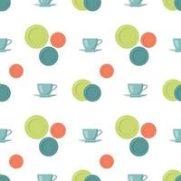 Seamless pattern with cup, saucer and plate. Tableware print vector