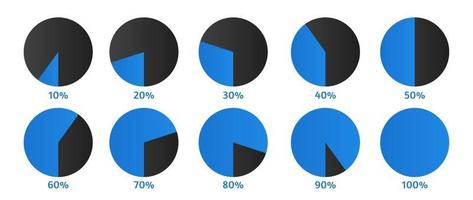 Set of Pie Chart from 10 to 100 percent in flat style for infographic vector