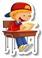 Sticker template with a boy reading a book cartoon character isolated vector