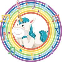 Unicorn in rainbow round frame with melody symbol vector