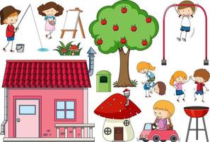 Set of many children with a house vector