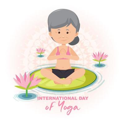 International Day of Yoga banner with old woman doing yoga exercise