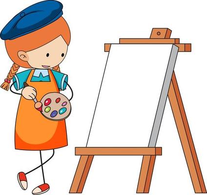 Little artist cartoon character with blank board isolated