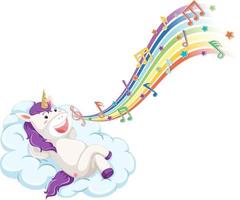 Cute unicorn laying on the cloud with melody symbols on rainbow vector