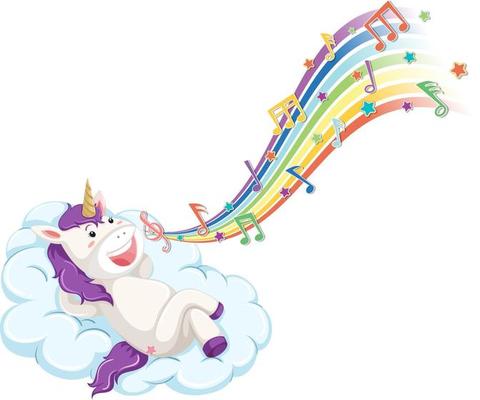 Cute unicorn laying on the cloud with melody symbols on rainbow