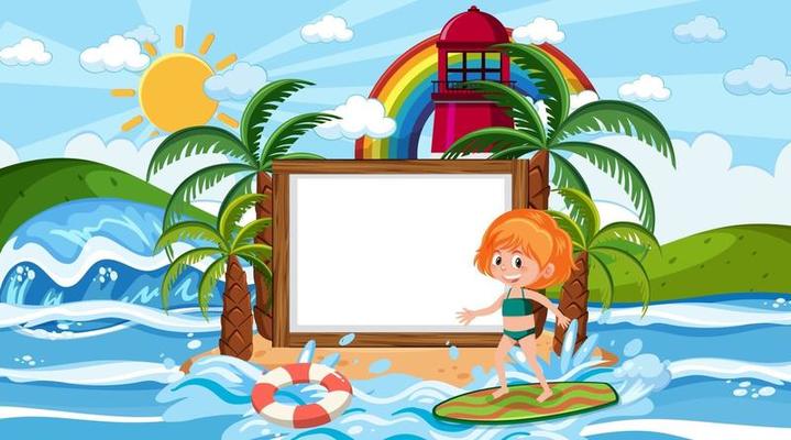 Empty banner template with kids on vacation at the beach daytime scene