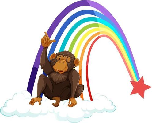 A monkey on the cloud with rainbow on white background