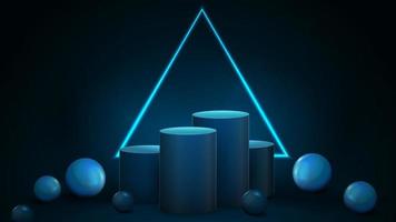 Empty blue winners cylindrical pedestals with neon triangular frame vector