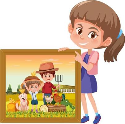 Girl holding a photo of a girl in the farm with her dad