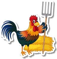 Sticker template with a chicken holding rake cartoon vector