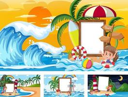 Set of blank banner in different tropical beach scenes vector