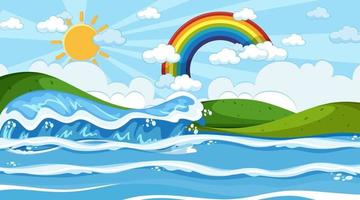 paisaje de playa en la escena diurna con arco iris en el cielo vector