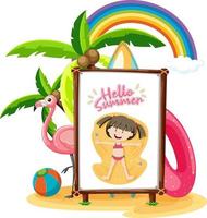 logo de niña pequeña en banner en escena de playa aislada vector