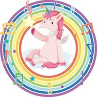 Unicorn in rainbow round frame with melody symbol vector