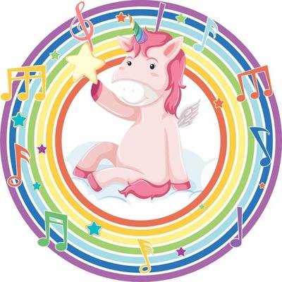 Unicorn in rainbow round frame with melody symbol