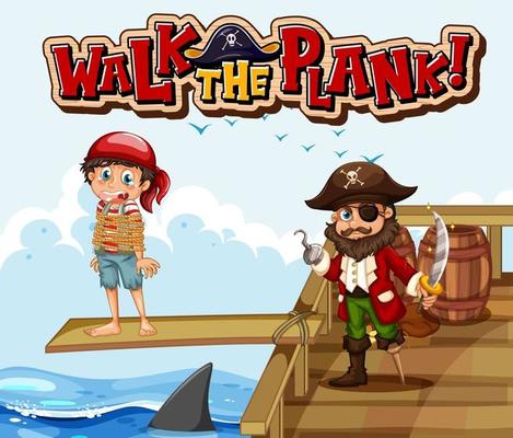 Walk The Plank font banner with pirate cartoon character