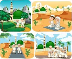 Set of muslim people cartoon character in different scene vector