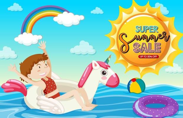 Super Summer Sale font with a girl laying on swimming ring banner