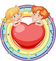 pareja de Cupido en arco iris marco redondo con símbolo de melodía vector