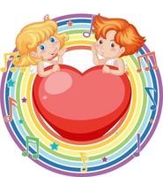 Cupid couple in rainbow round frame with melody symbol vector