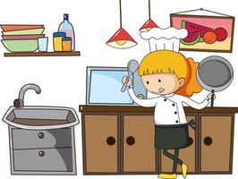 Little chef with kitchen equipments on white background vector