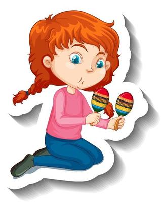 Cartoon character sticker girl playing maracas musical instrument