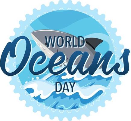 World Ocean Day banner with a big shark cartoon background