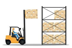 Forklift with man driving in the warehouse vector