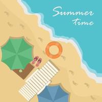 Top view of beach, with umbrella, stretcher, sandals, table vector