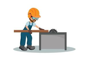Male carpenter cutting a wooden plank with industrial safety equipment vector