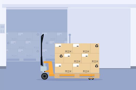 Manual forklift with fork extensions in a tunnel cooling chamber vector
