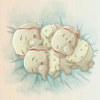three cute baby elephants sleeping together. vector cartoon hand drawn