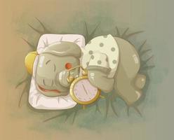 the elephant sleeps by hugging the alarm clock. vector