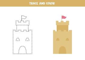 Trace and color cartoon sand castles. Worksheet for kids. vector