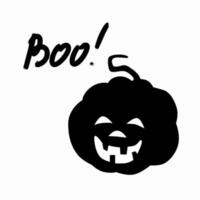 Black silhouette of a pumpkin and hand written lettering phrase Boo. vector