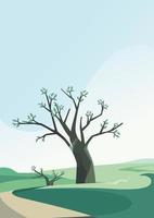 Tree on the hill in spring season. Vertical orientation scenery. vector